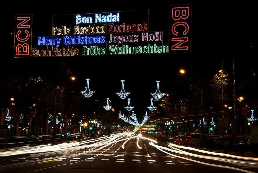 street Christmas lights in Barcelona in December