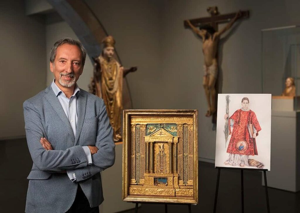 Barcelona (Spain), Frederic Marès Museum, the director Josep Maria Trullén exhibits the icon of St. Cesario next to the reliquary-calendar which contains a bone fragment of the saint, 5 April 2017. you can find it all in barcelona museums.