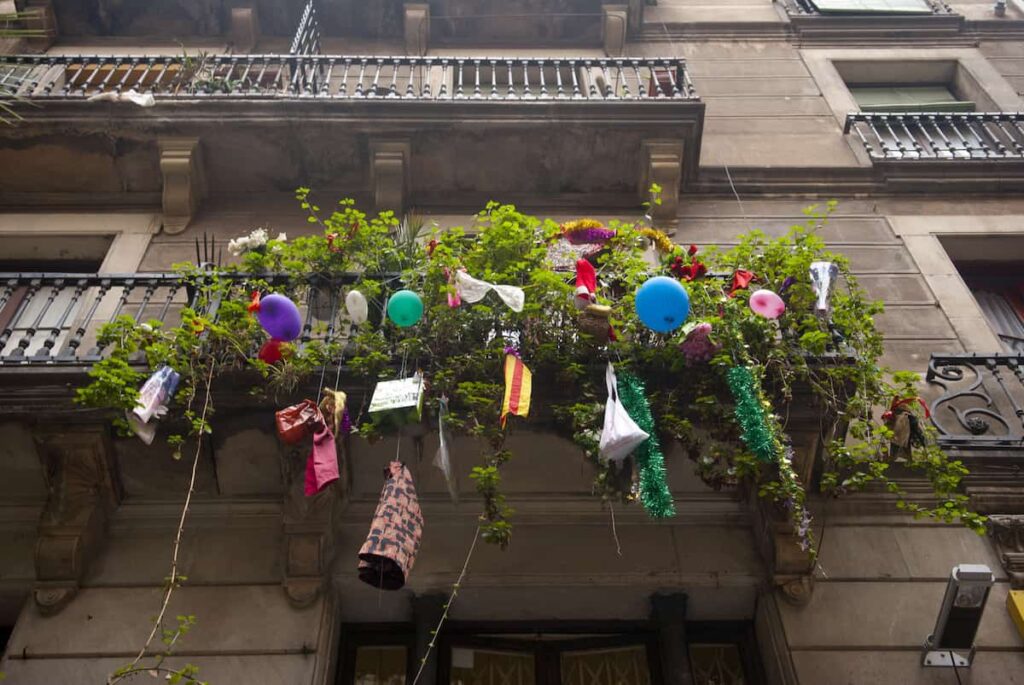 Colorful Christmas balcony decoration in Barcelona at Christmas