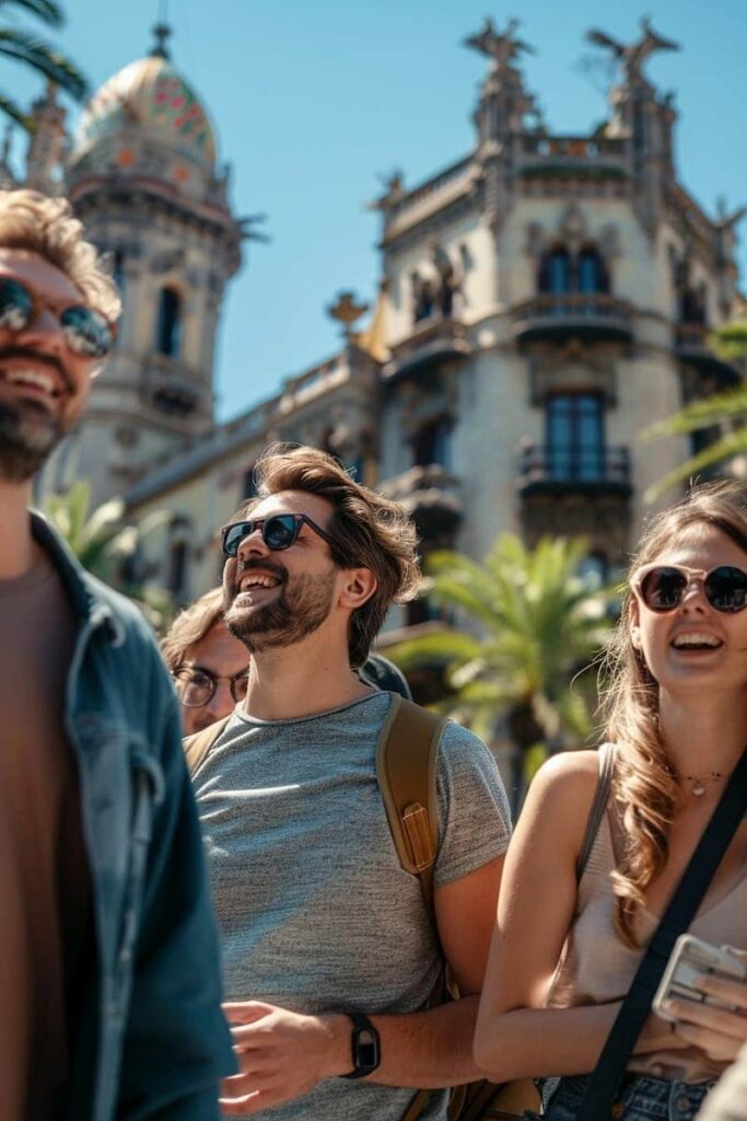 Group of friends outside the starting point of Barcelona and Sagrada Familia Half-Day Tour with Hotel Pickup which is one of the best Barcelona architecture tours.