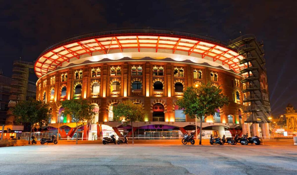 Shopping center Las Arenas in Barcelona by night. It was an old bullring opened in 1900 and remodeled as a shopping center. One of the best view in Barcelona from above.