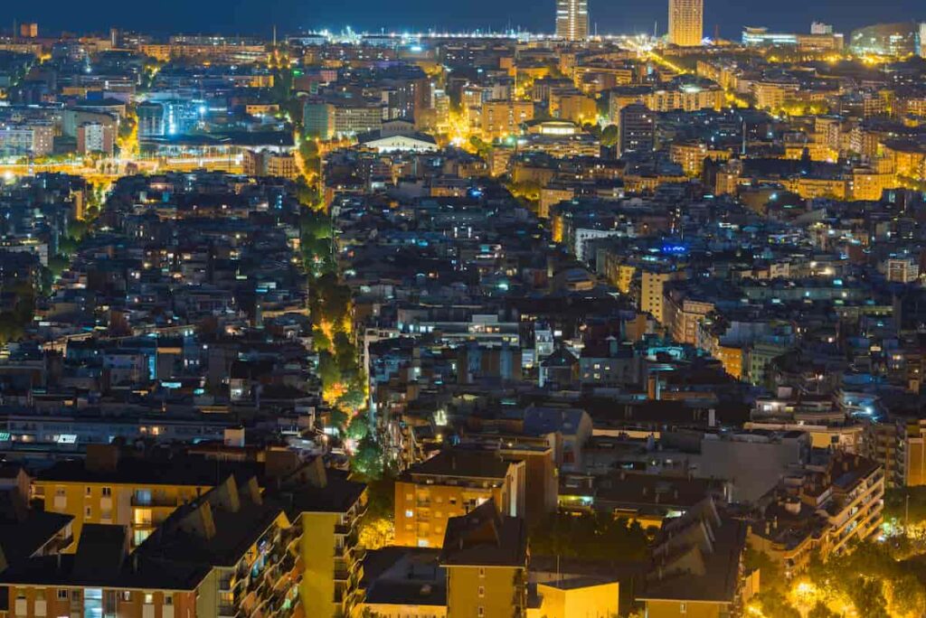 View of Barcelona city and coastline in spring from the Bunkers in Carmel in the night. one of the best views in Barcelona bunkers.
