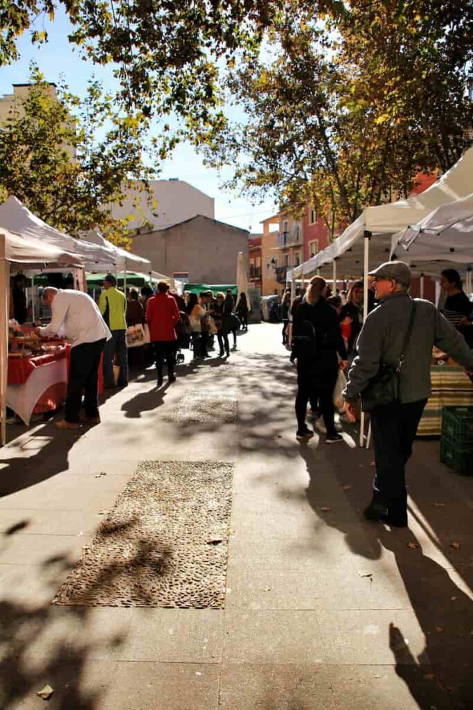 People buying in the local ecological market in the main square of the Raval neighborhood in Elche