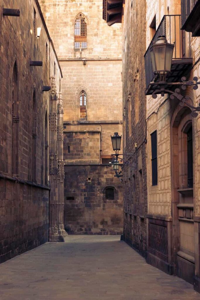 Narrow space between tall medieval buildings in famous Gothic Quarter in Barcelona will make you think is the Gothic Quarter in Barcelona safe.