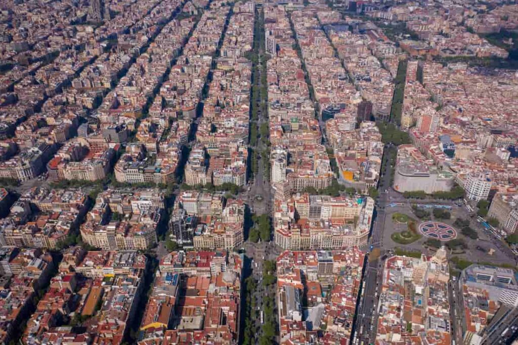Barcelona City in Spain seem from the air, showing the impressive architecture and block systems of the apartments and offices in the busy Spanish metropolis will make you think is the Gothic Quarter in Barcelona safe.