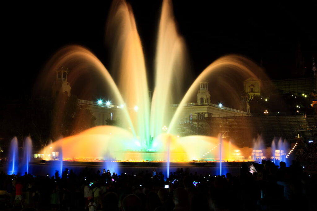 The famous Montjuic Fountain in Barcelona is one of the best places to visit in Barcelona at night.