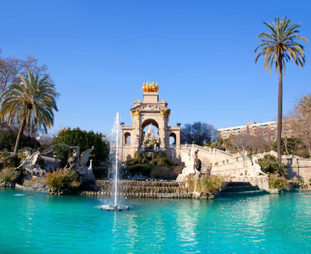 Barcelona ciudadela park lake fountain and quadriga in spring