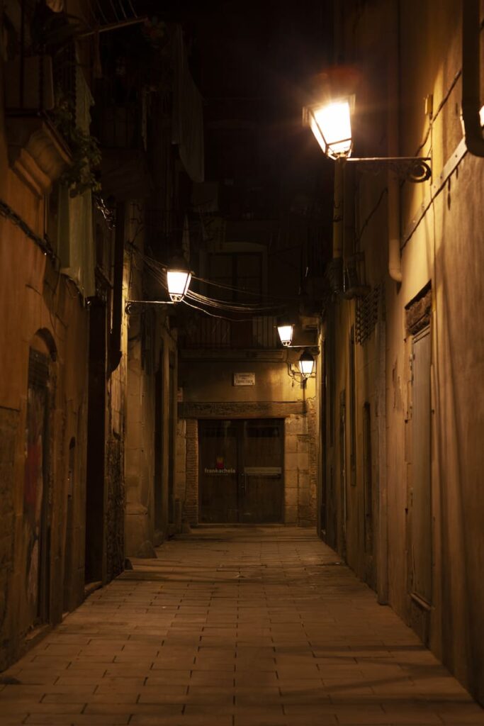 Streets of el Born neighbourhood at night. One of the most dangerous areas in Barcelona.