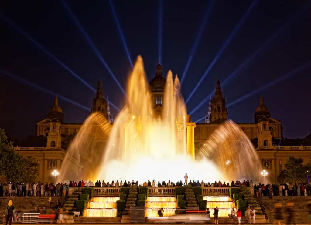 Night view of Magic Fountain light show in Barcelona