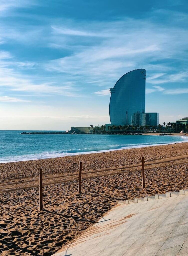 a view of W Hotel in Barceloneta beach