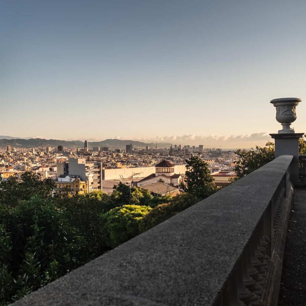 Barcelona (Spain) urban skyline. A view over the rooftops of El Poble-Sec District and the skyscrapers of the most modern neighborhoods. One of the best Barcelona neighborhoods.