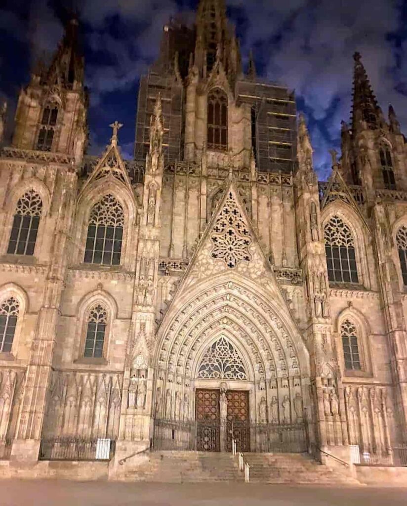 Front view of Barcelona Cathedral in night.