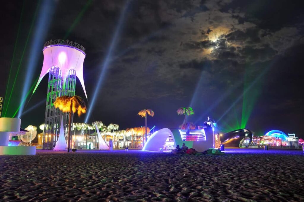 Bars in the beach of Poblenou lights up for nightlife. One of the best areas in Barcelona nightlife.