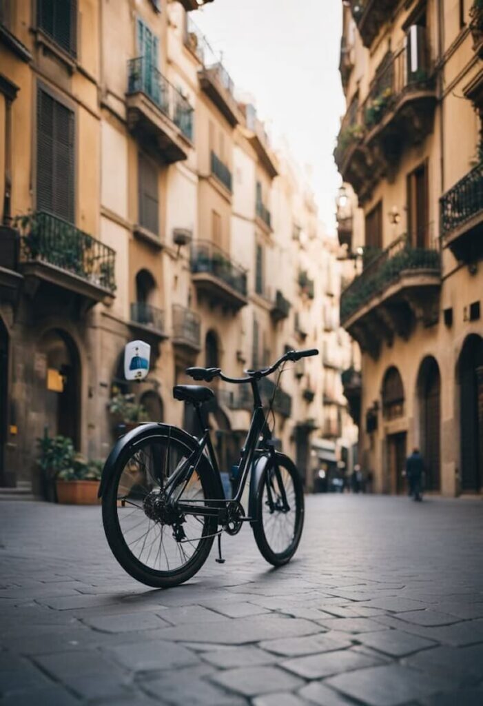 a bike rental in Barcelona, Spain parked in a plaça