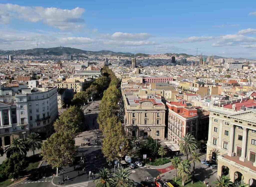 Aerial view of the streets of La Rambla. One of the best place to visit if you are thinking what is the bes city Madrid or Barcelona