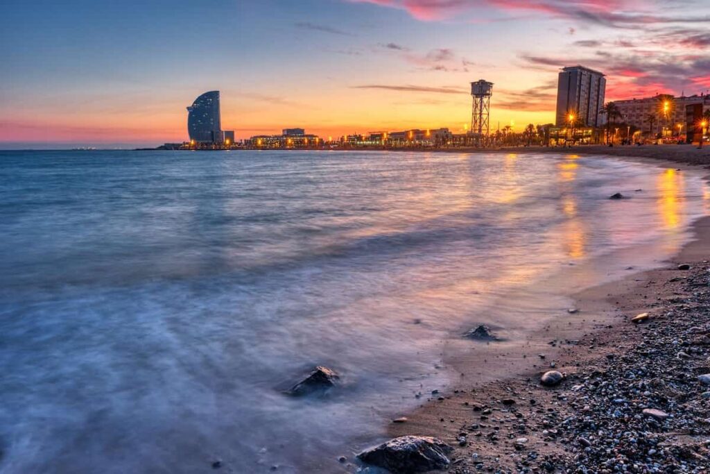 The Barceloneta beach is one of the best places to  view sunsent in Barcelona.