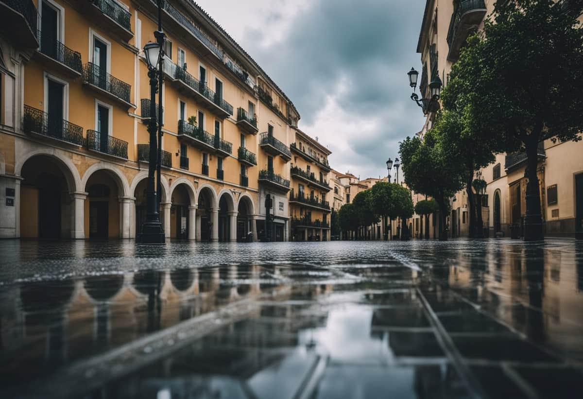 Spanish street with puddles on the ground showing an example of the weather in Spain in November