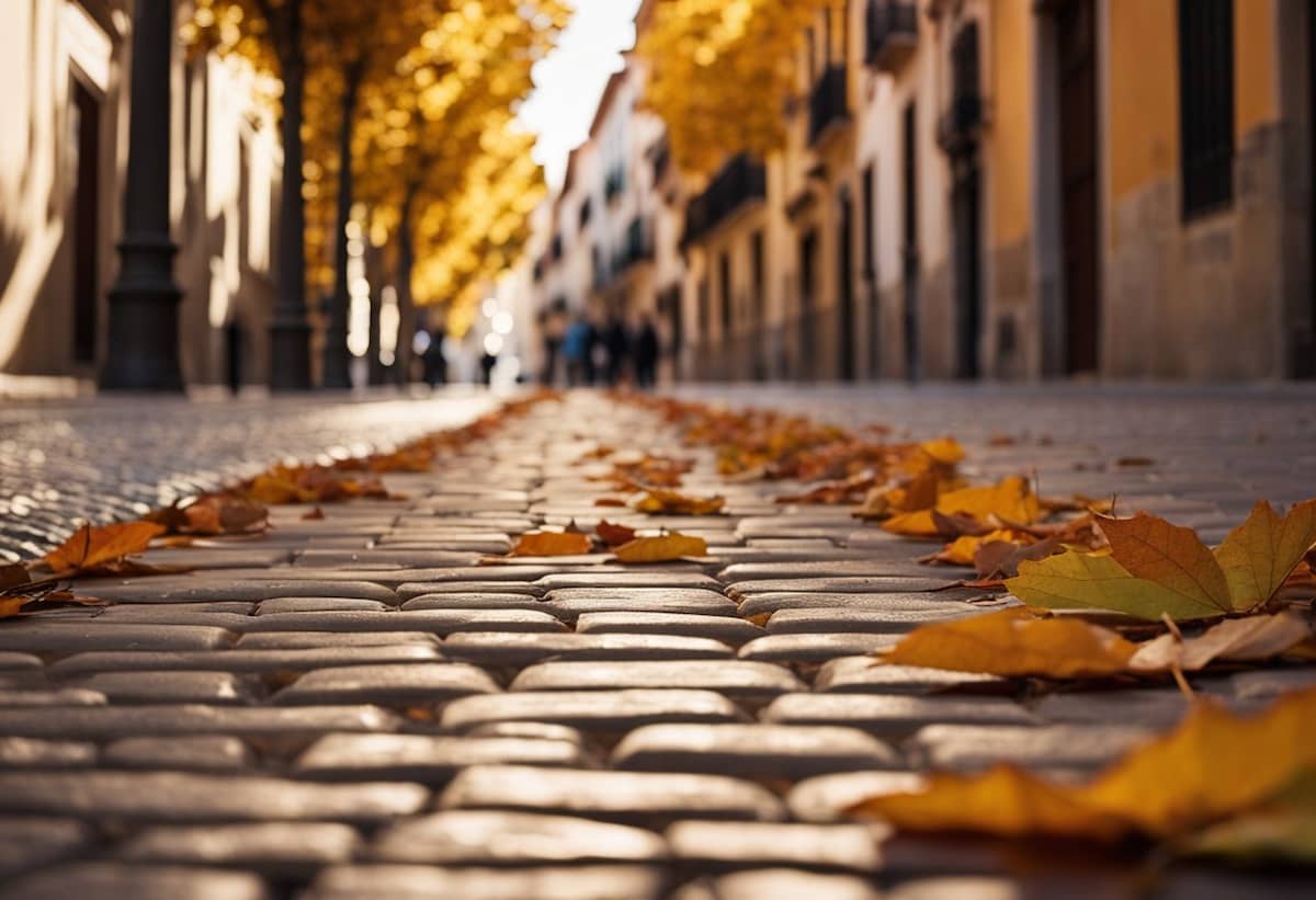 Spanish street with orange leaves on the ground showing an example of the weather in Spain in October