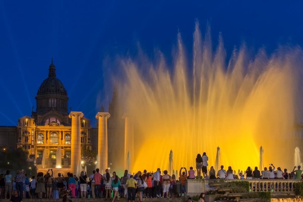 Massive crowd watching the Magic Fountain show is one of the free things to do in Barcelona.