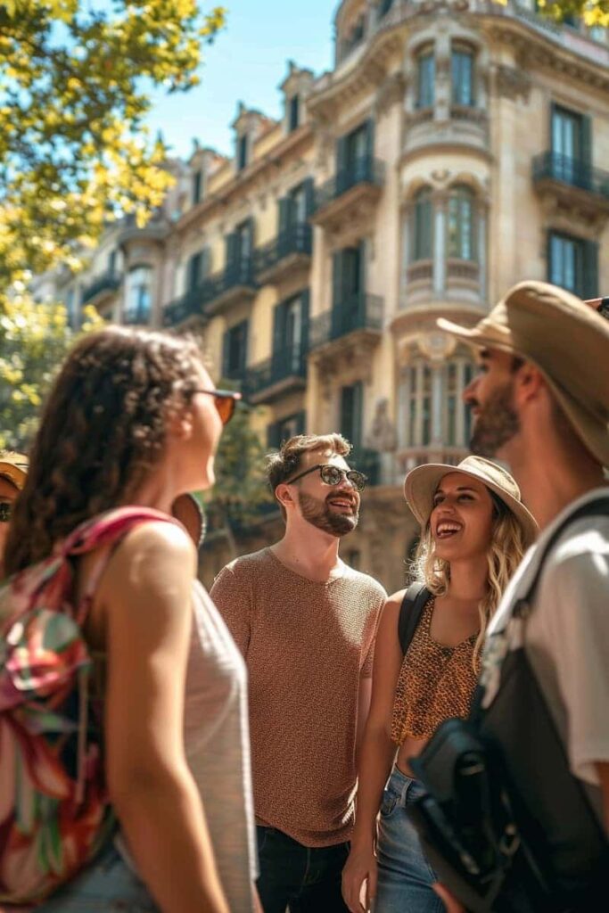 Group of friends enjoying the Sagrada Familia Fast Track Guided Tour which is one of the best Barcelona architecture tours.