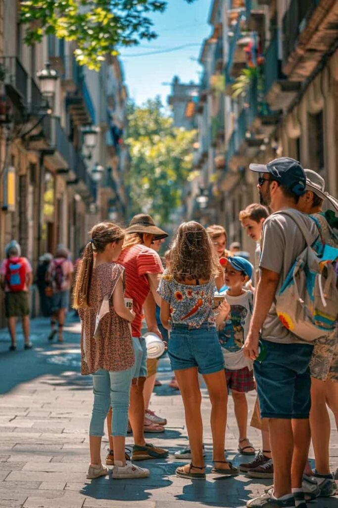 Tourist family in the starting point of Fast Track Guided Tour of Sagrada Familia which is one of the best Barcelona architecture tours.