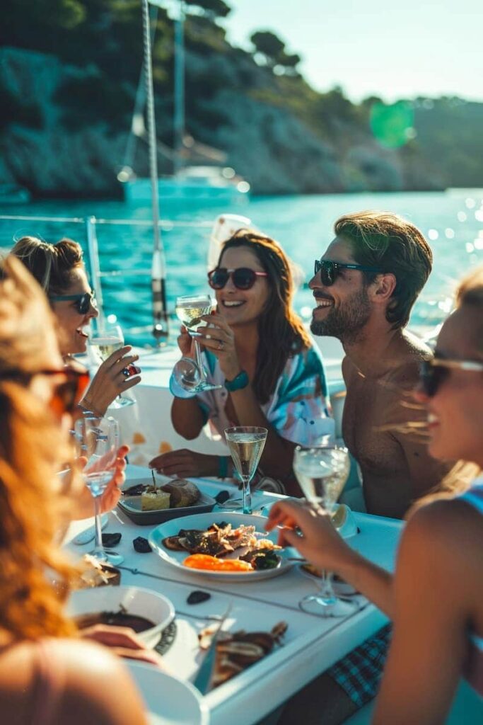 Group of tourists enjoying their cava and foods with their tour guide from Coastline Boat Trip with Snacks and Cava which is one of the best Barcelona boat paties.