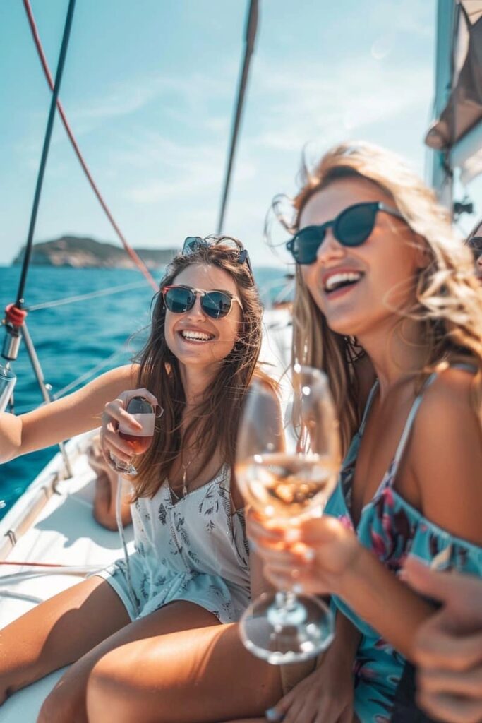 Beautiful women enjoying their day by joining Catamaran Cruise with Live Jazz Music which is one of the best Barcelona boat parties.