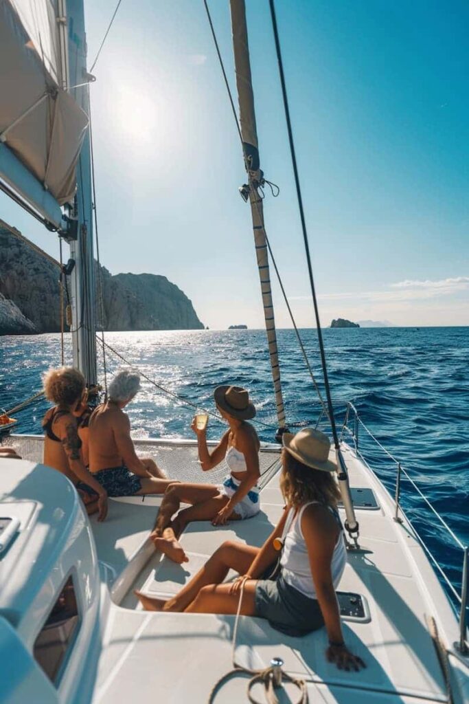 Group of tourists enjoying their day by joining Small-Group Catamaran Cruise which is one of the best Barcelona boat parties.