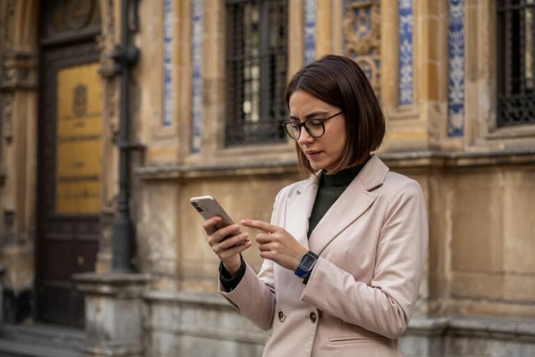 woman looking at her phone, lost, doing one of the top things not to do in Seville, Spain