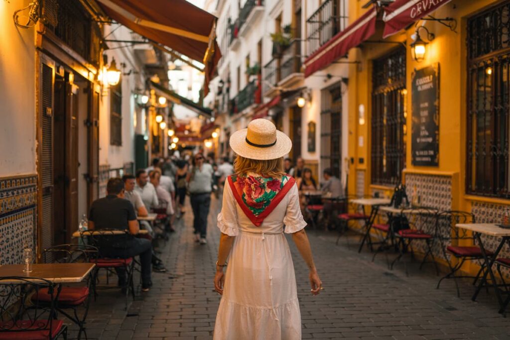 woman walking through a street while visiting Seville, Spain