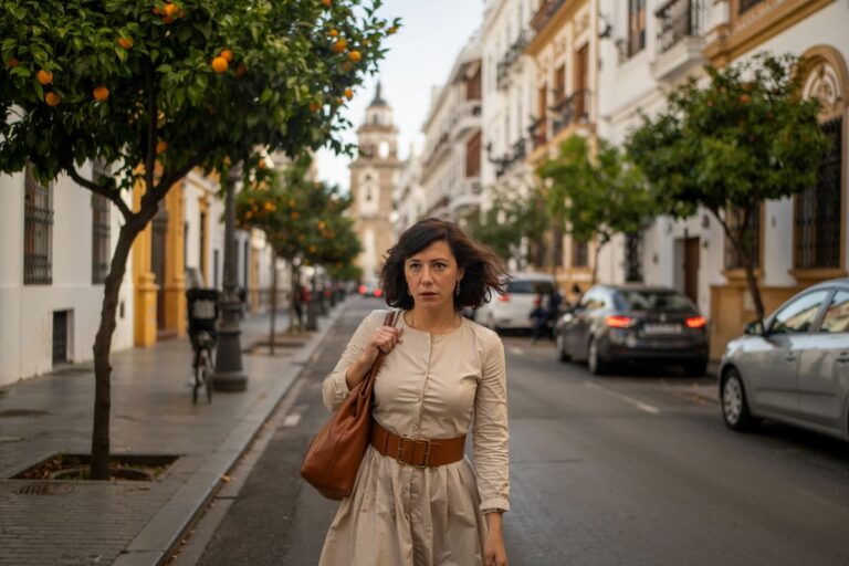 A woman walking in a Spanish street wondering why not to visit Seville, Spain