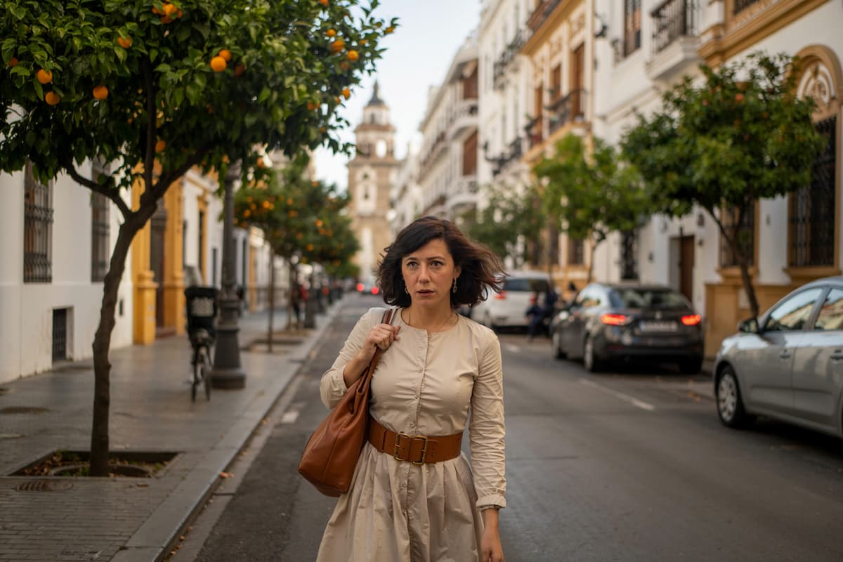 A woman walking in a Spanish street wondering why not to visit Seville, Spain