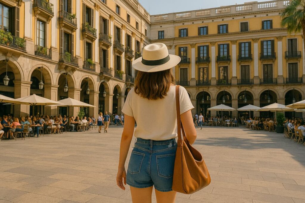 woman in a plaza during solo travel in Barcelona