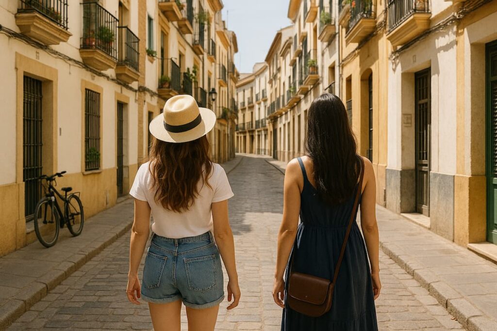 two women walking down a street in Spain with great outfit ideas based on what they packed
