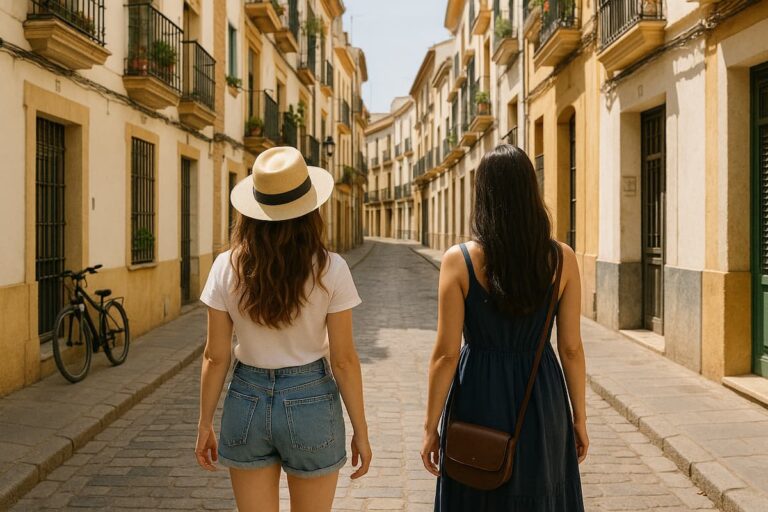 two women walking down a street in Spain with great outfit ideas based on what they packed