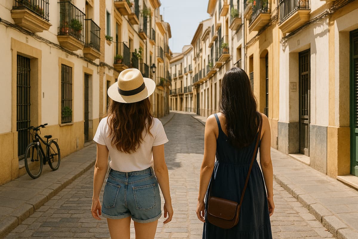 two women walking down a street in Spain with great outfit ideas based on what they packed