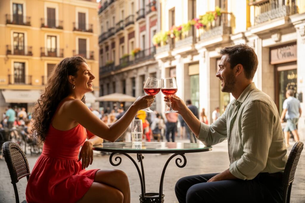a couple having a drink together at a plaza as one of the best things to do in Spain