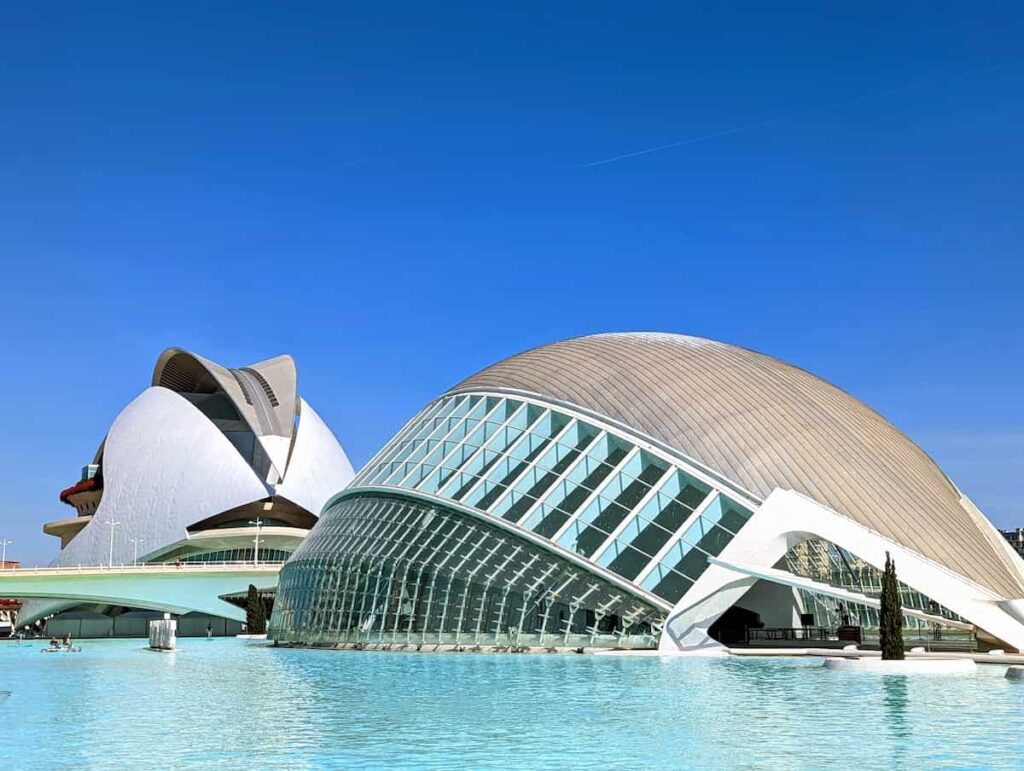 Futuristic buildings reflected in the pool at the City of Arts and Sciences in Valencia – a highlight in a one week itinerary in Spain