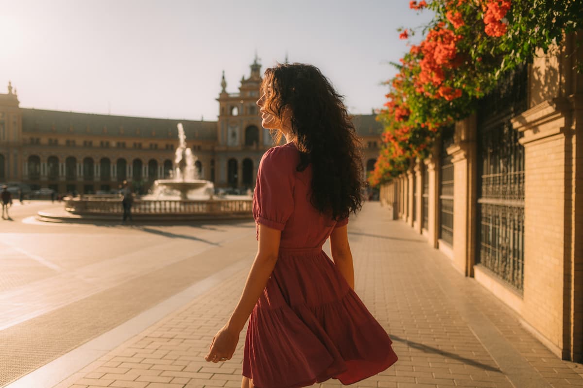 A woman in a flowing dress walking through the sunlit Plaza de España in Seville – a must-see highlight on a one week itinerary Spain trip