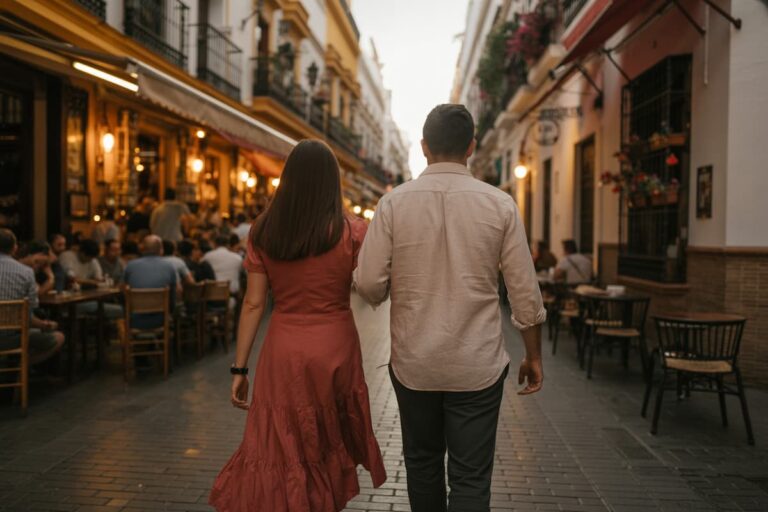 A couple strolls through a lively Spanish street at sunset, perfect for a two-week itinerary Spain experience