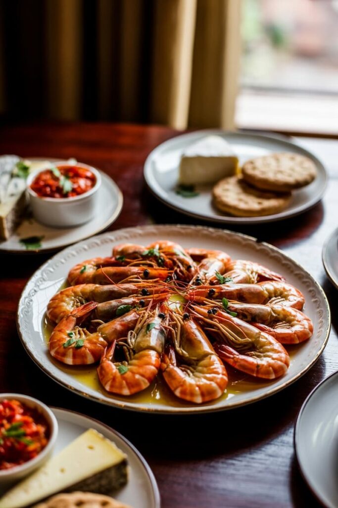 a plate of shrimp on a dining room table