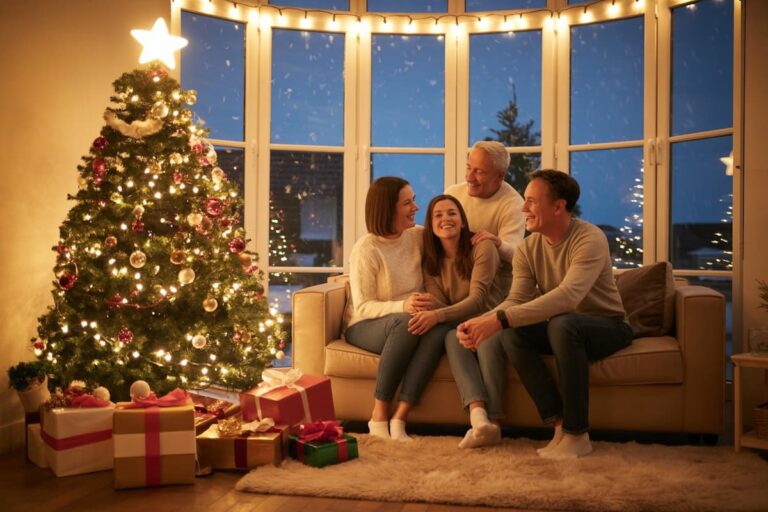Couple enjoying Christmas together with family by the decorated tree with presents underneath the tree, including some of the best gifts for couples who love travel