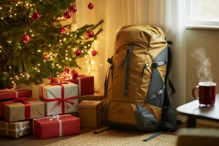 Christmas tree with presents and a hiking backpack, a perfect idea for the best gifts for people who love travel