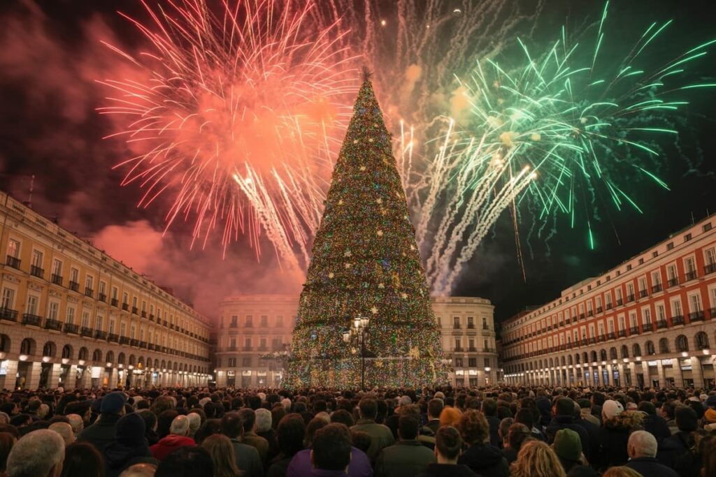 Crowds gathered at Puerta del Sol in Madrid for New Year’s Eve fireworks, one of the best places to celebrate New Year’s in Spain
