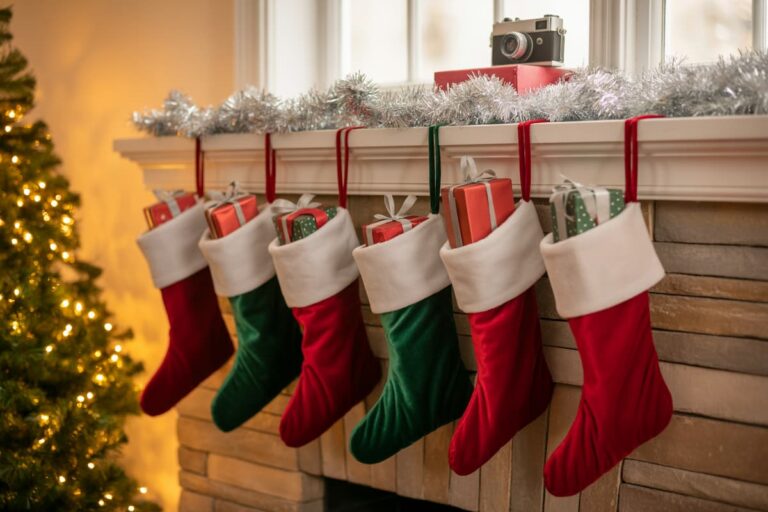 Stockings hanging over the fireplace filled with presents, including some of the best travel gadget gifts