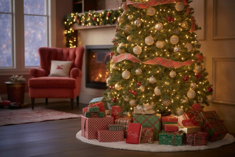 Christmas tree with wrapped presents, representing some of the best travel gifts under 50 dollars