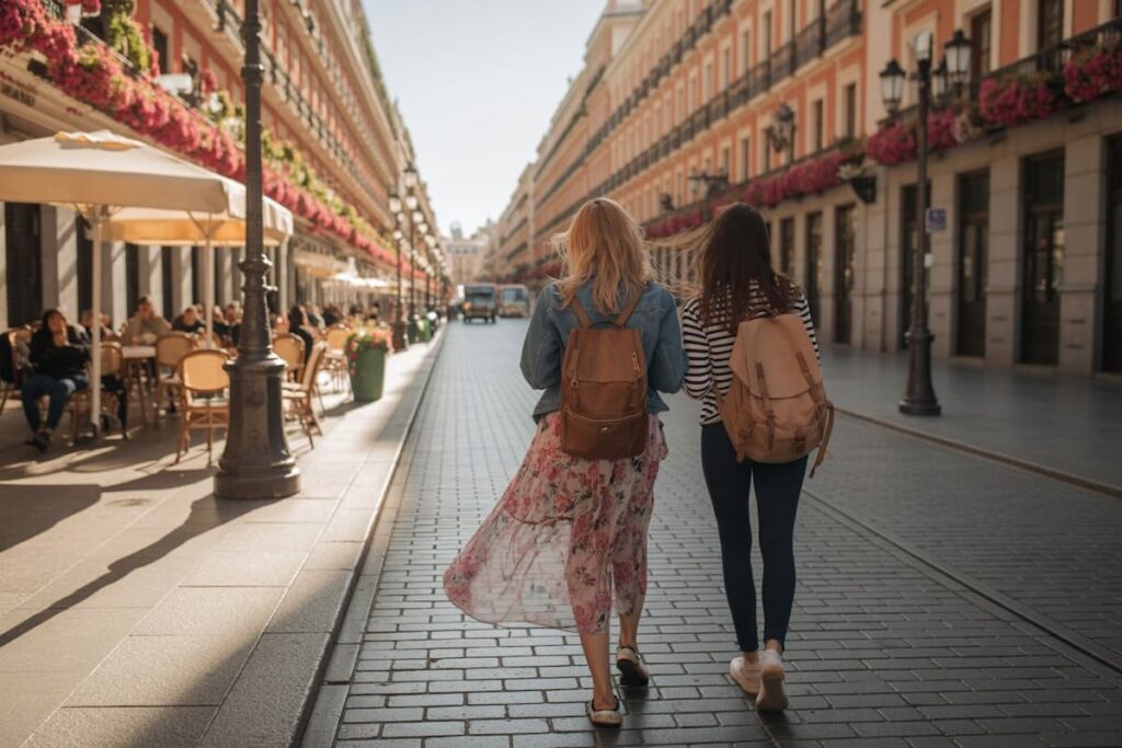 Two women walking with backpacks through Madrid, capturing the vibe of budget travel in Spain
