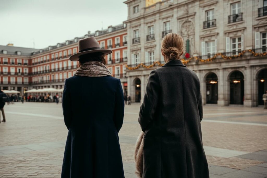 Travelers dressed in coats exploring Plaza Mayor in Madrid, a scene perfect for a Spain fall and winter packing list