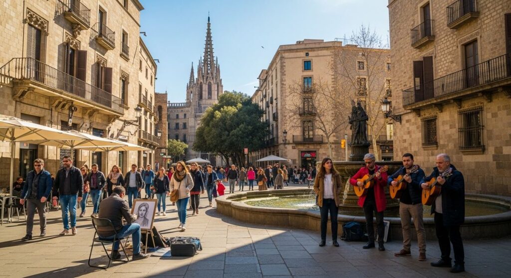 a lively Barcelona street or plaza in April