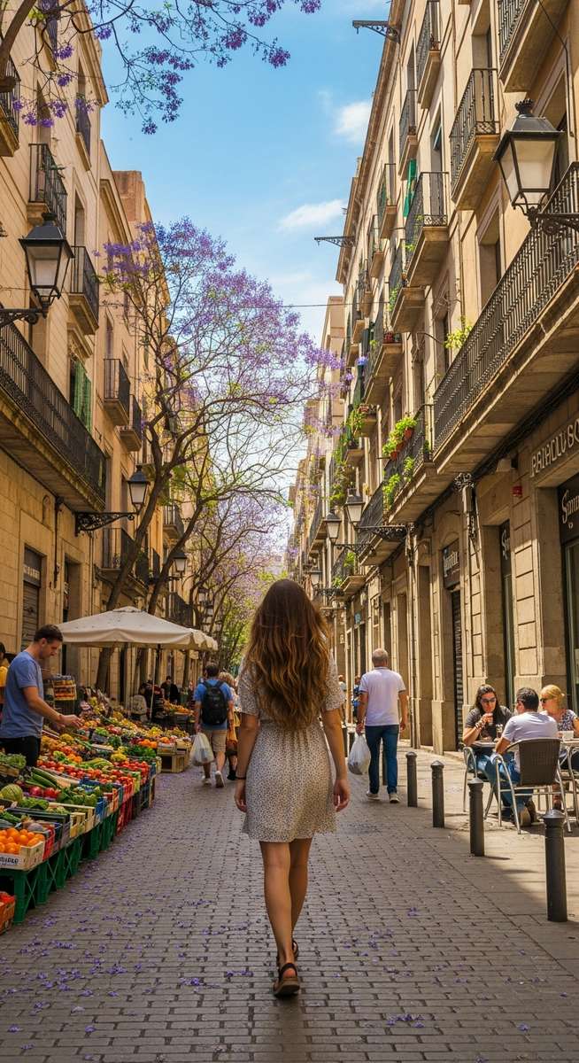 a woman walking through a Barcelona neighbourhood in April